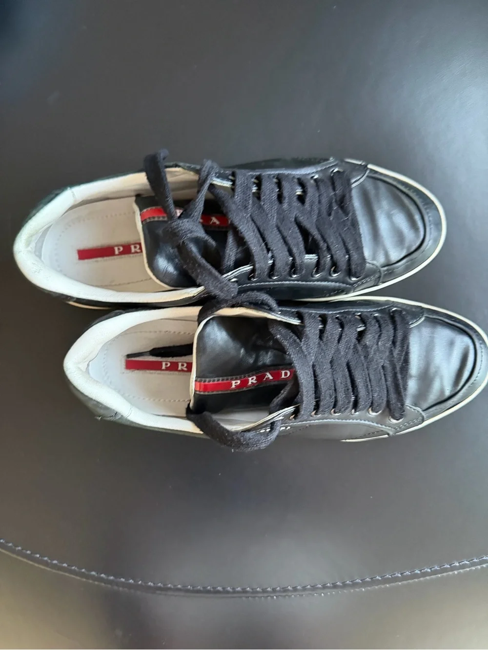 Prada Black Leather Low-Top Sneakers with White Trim